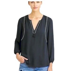 J. Crew Black White Split Neck Tassel Braided Trim Popover Tunic Womens Size 2